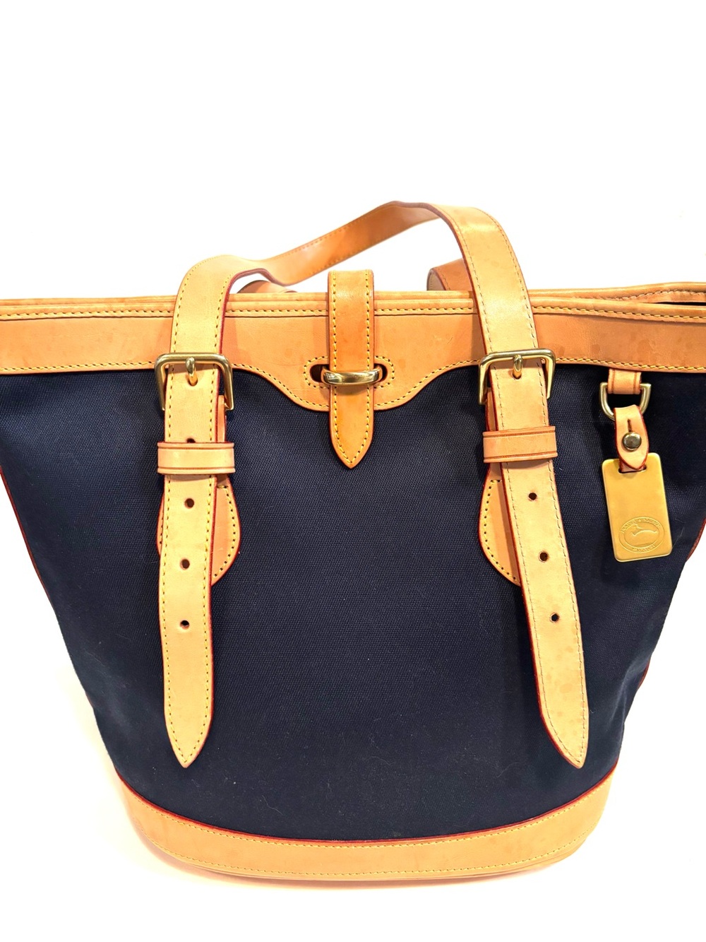 Dooney & Bourke Navy Canvas Cabriolet Bucket Bag Tote Tan Leather Trim - Picture 2 of 15